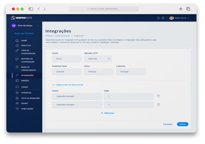 Tela para a configuração de integrações